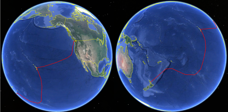This is just one possible route between Canada and New Zealand